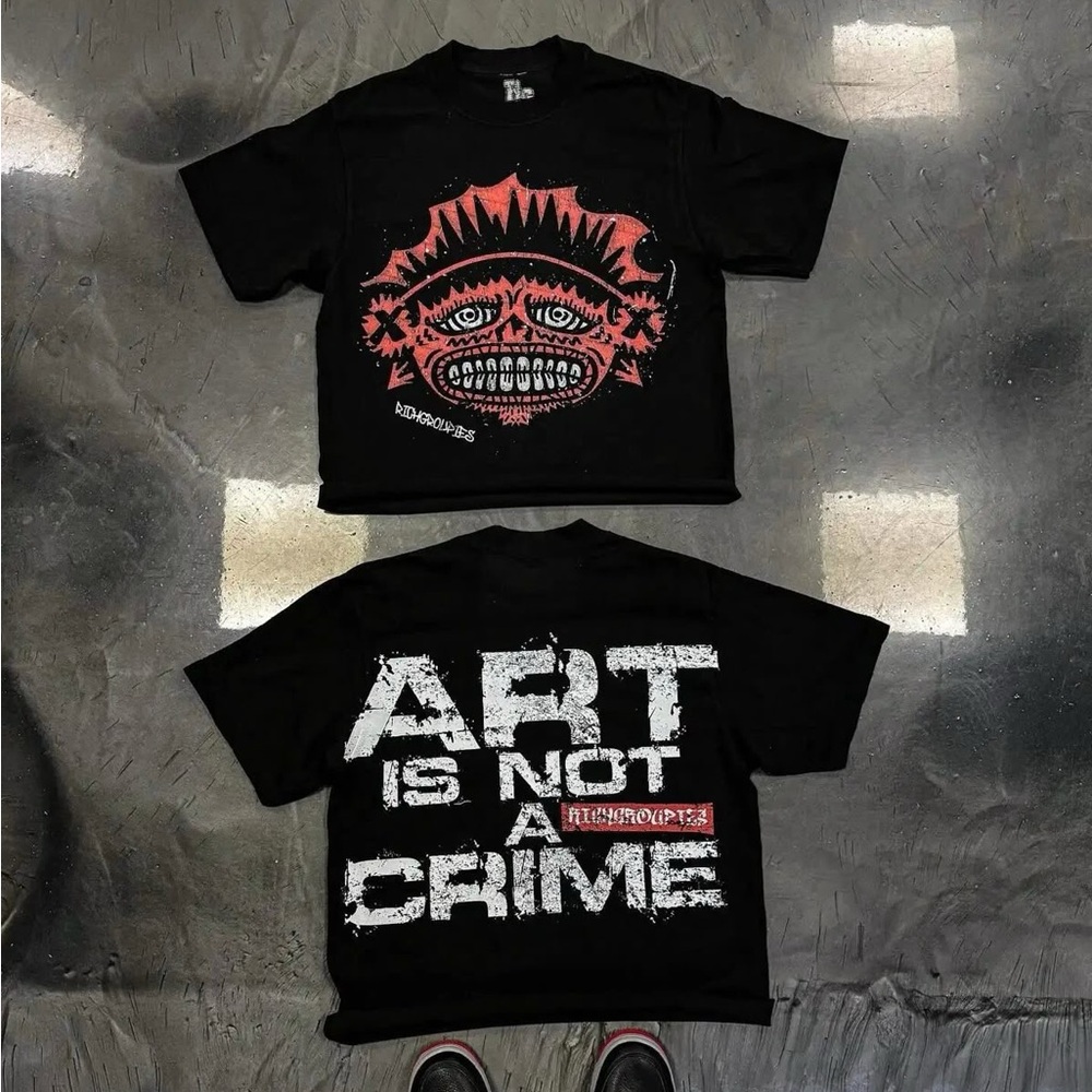 Black Graphic T-Shirt with Red and White Design
